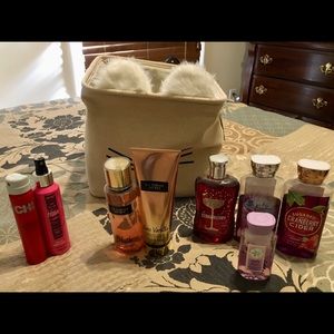 Bundled hair/bath & body products in storage bin